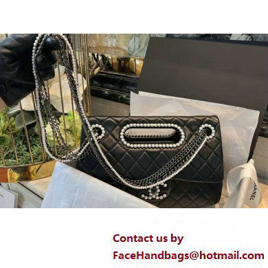 Chanel Leather Pearls & Silver-Tone Metal Large Flap Bag with Top Handle AS4221 Black 2023 - Click Image to Close